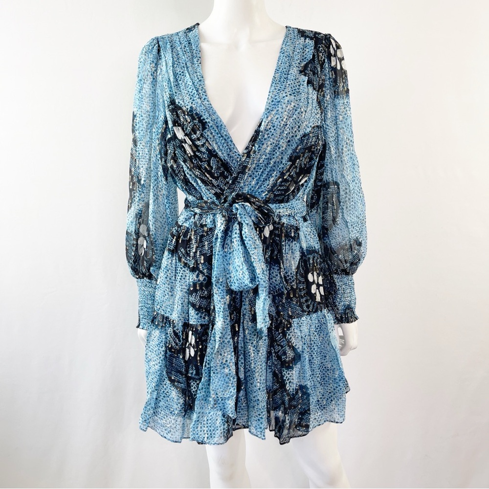 Ulla Johnson NOEMI Dress Size 12 Silk Metallic Mini Shibori Print in Sky Blue - Picture 3 of 16